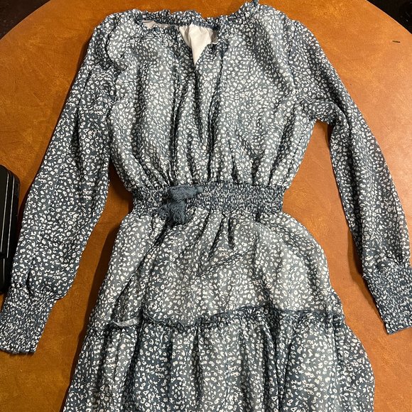 Dokotoo Womens Size S Blue Long Sleeve Split V Neck Ruffle Chiffon Mini‎ Dress - Picture 1 of 7